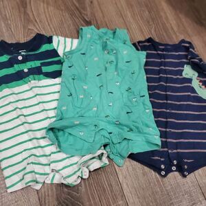Baby Romper Set Size 9M Three Baby Rompers in Green and Blue 3 Pieces